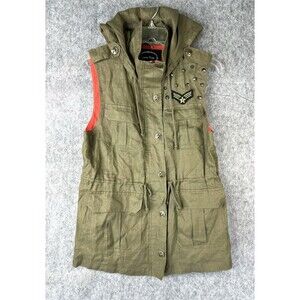 LOVE TREE Olive Green Linen Sleeveless Cinched Waist Military Hooded Vest Sz M